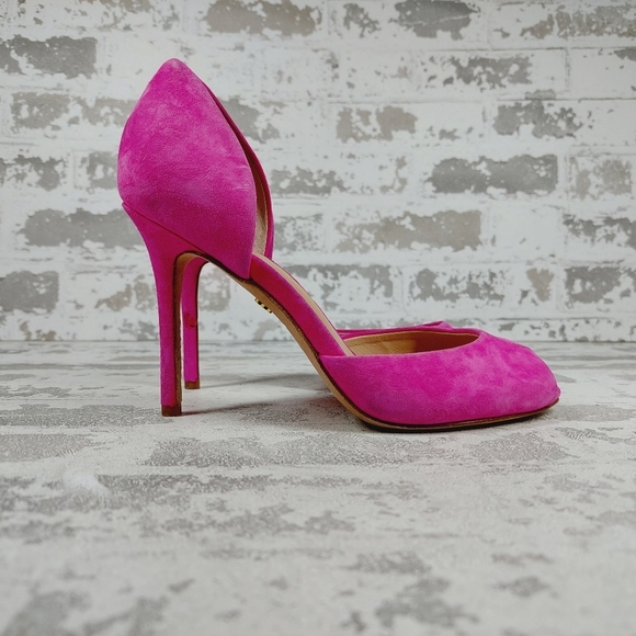 Veronica Beard Gadot Pink Suede Peep Toe Stiletto Heel Pumps D661 - Picture 5 of 14